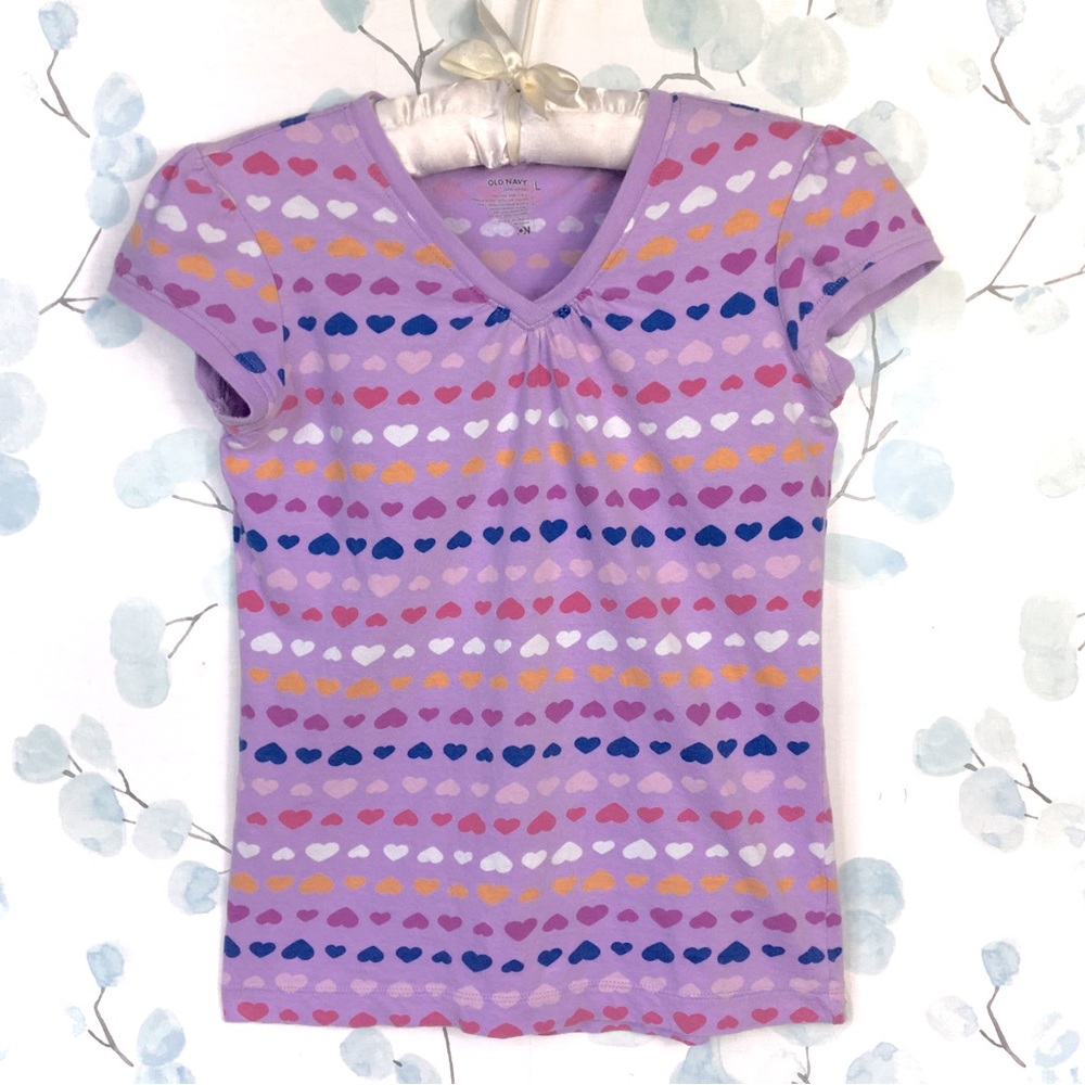 Old Navy Kids Short Sleeve Tshirt Purple Pink Blue Hearts Stripes Top Tee Shirt